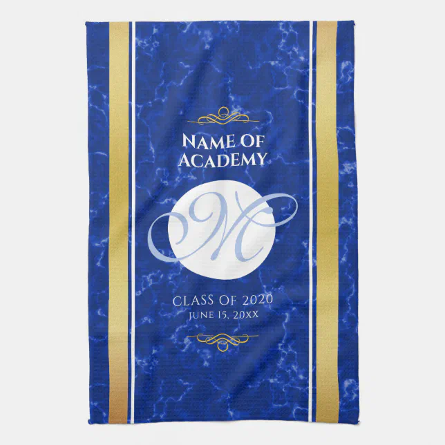 Elegant Graduation Monogram Blue Marble Gold Foil Kitchen Towel