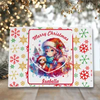 Anime Girl in Santa Hat Watercolor Christmas Large Gift Bag