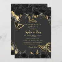 Elegant Black Gold Floral Butterfly sweet 16 Invitation