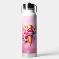 Pretty Pink and Gold Ice Cream Cone Personalized Water Bottle