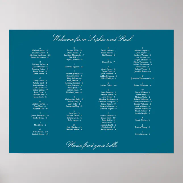 Turquoise Alphabetical Seating Chart Poster