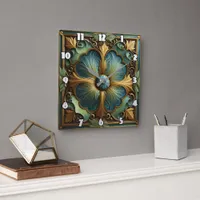 Decorative Floral Panel With Turquoise and Gold Square Wall Clock