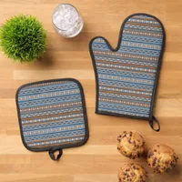 Southwest Style Blue and Brown Geometric Pattern Oven Mitt & Pot Holder Set