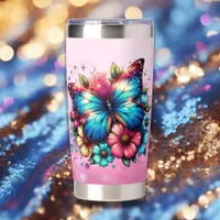 Blue Butterfly and Pink Flowers Personalized Insulated Tumbler