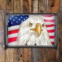 Bald Eagle in front of American Flag Patriotic Art Serving Tray