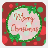 Merry Christmas Burgundy, Red Green Polka Dots Square Sticker