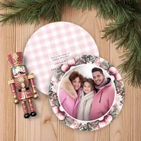 Pink Floral Rustic Gingham Plaid Holiday Photo