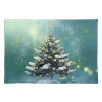 Beautiful Christmas Tree with Snow and Gold Lights Cloth Placemat