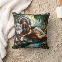 Native American Woman Resting With Wolf by Water Throw Pillow