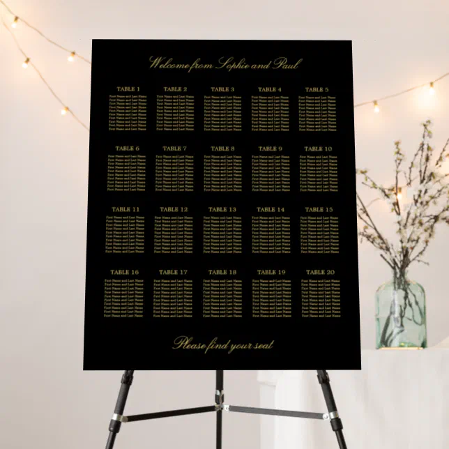 Black Golden Beige 20 Table Seating Chart Foam Board