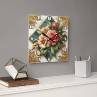 Elegant Roses With Green Background and Gold Trim Square Wall Clock