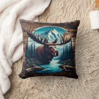 Moose in Mountain Landscape With River and Trees Throw Pillow