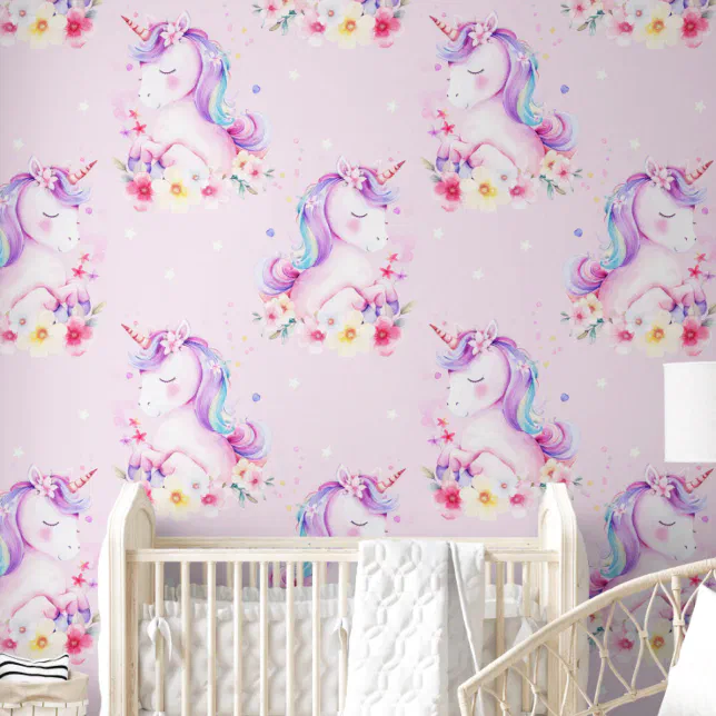 Watercolor Cute Unicorn Pink Purple Nursery Room Wallpaper