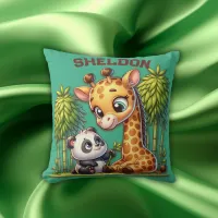 Giraffe and Panda Monogrammed Name | Throw Pillow