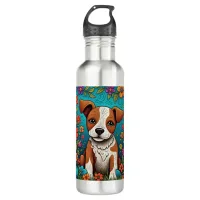 Cute Puppy with Whimsical Folk Art Flowers Stainless Steel Water Bottle