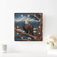 Majestic Eagle Perched by Serene Mountain Lake Square Wall Clock