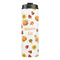 Watercolor Fall Leaves and Pumpkins Thermal Tumbler