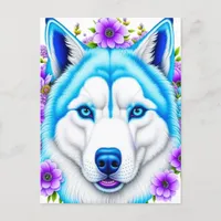 Husky Dog with Blue Eyes and Flowers   Postcard