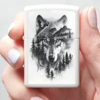 Wolf amid mountains and forest zippo lighter