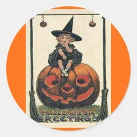 Vintage Halloween Girl on Jack o'Lantern Classic Round Sticker