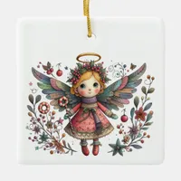  Whimsical Christmas Angel with Multi-color Wings Ceramic Ornament