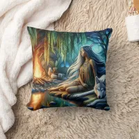 Native American Woman Meditates By Fire With Wolf Throw Pillow