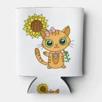 Cute Kawaii Cat Holding Flower Can Cooler