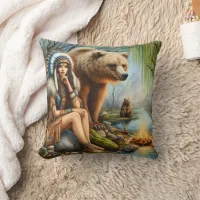 Native American Woman Sitting By Bear At Campfire Throw Pillow