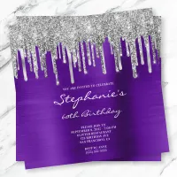 Silver Glitter Drips Violet Foil 60th Birthday Invitation