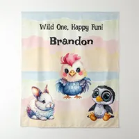 Wild One Happy Fun Woodland Animals Watercolor Tapestry