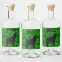 Modern Green Camo Black Wolf Silhouette Monogram | Liquor Bottle Label