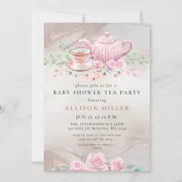 Rustic Blush Rose Gold Tea Party Baby Shower  Invitation