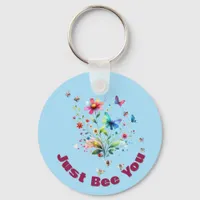 Simple Floral Watercolor Monogram Bee on blue   Keychain