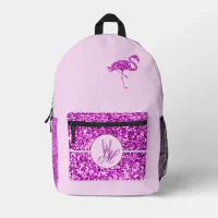 Pink glitter Monogrammed with Flamingo Printed Backpack