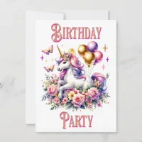 Pretty Pink, Purple and Gold Unicorn Birthday  Invitation