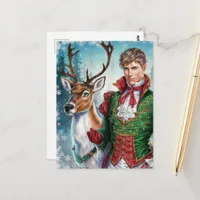  Christmas Handsome blond man and a Reindeer Postcard