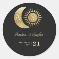 Chic Celestial Black Gold Sun Moon Monogram Crest  Classic Round Sticker