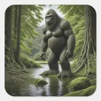 Bigfoot standing in a Creek Cartoon  Square Sticker