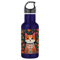Whimsical Folk Art Cat and Flowers Stainless Steel Water Bottle