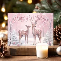 Deer in Pink Winter Forest Happy Holidays Holiday Card