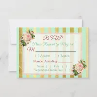 Coral Rose Green Floral Striped  Wedding RSVP card