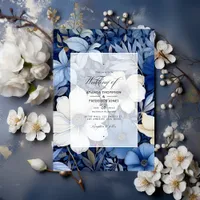 Dark Blue, Silver and White Floral Wedding Invitation