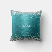 Silver Glitter Dark Turquoise Brushed Metal Name Throw Pillow