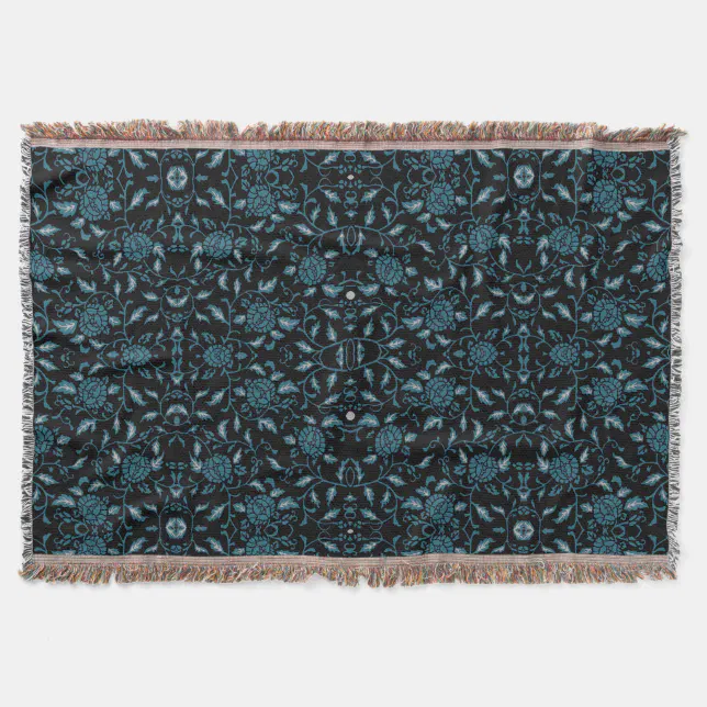 Elegant Flowery Black and Teal Damask Throw Blanket