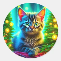 Christmas Cat and Christmas Tree Lights Classic Round Sticker