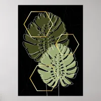 Modern Geometric Tropical Leaves on Black Poster