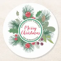 Winter Greenery Wreath Merry Christmas Round Paper Coaster