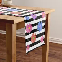 Trendy Floral Black & White Stripes Patterned Short Table Runner