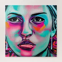 Painted Women's Face and Tear | Teal and Pink Art Jigsaw Puzzle