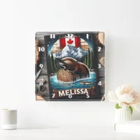 Canadian Beaver on Log With Mountain Background Square Wall Clock